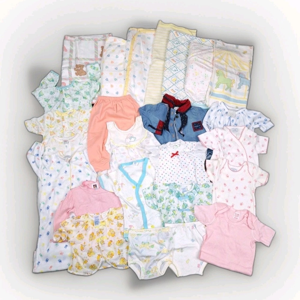 Vintage Baby Girl Clothing Lot Newborn To 12 Month Tops Bottoms Blankets USA EC